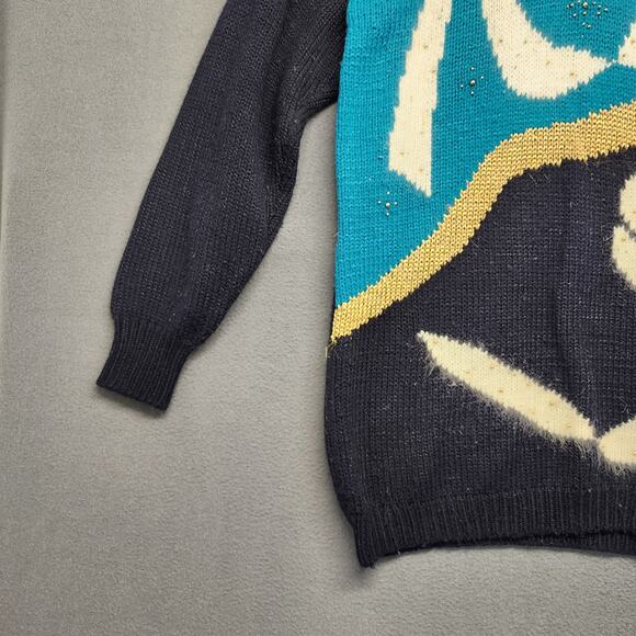 Vintage Womens Sweater Large Dana Scott Black Teal Holiday Embellished Tunic 90s - Picture 10 of 15